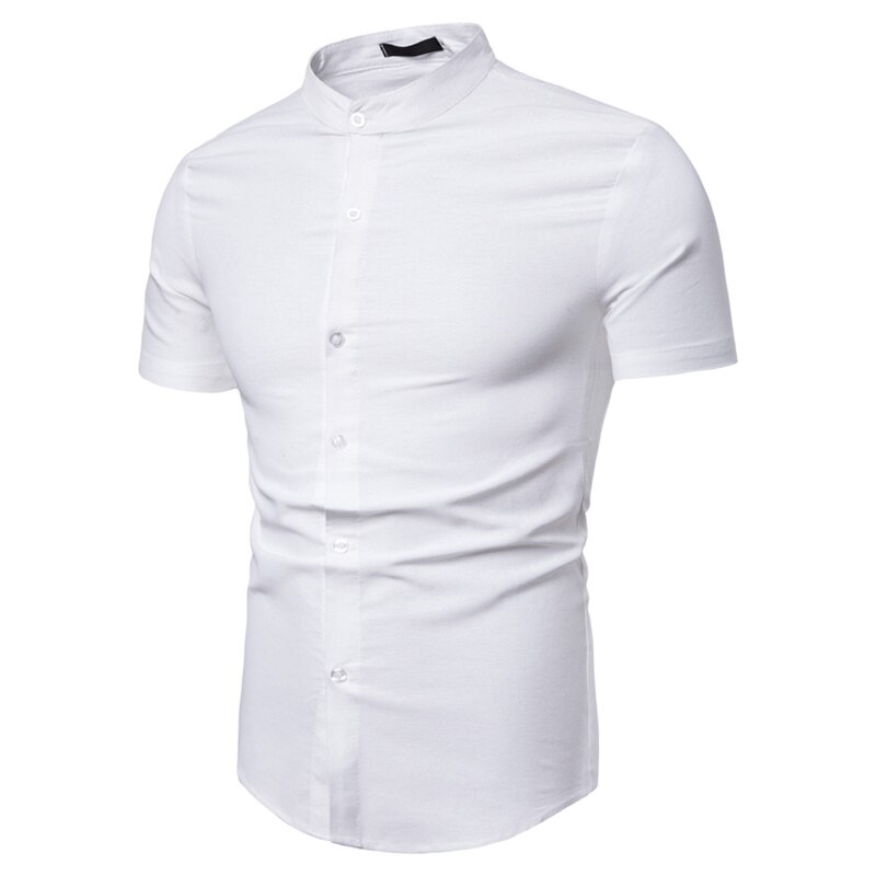 Sommar herr kortärmad solid slim fit stativ krage bomull linne skjorta vanlig plus size 3xl herrkläder: Vit / Xxl 75-82kg