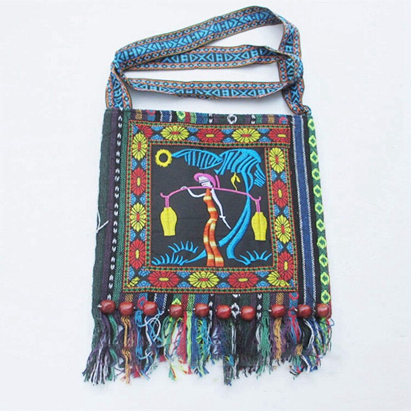 Hmong – sac à bandoulière Vintage chinois Style National ethnique, sac brodé Boho Hippie pompon, fourre-tout