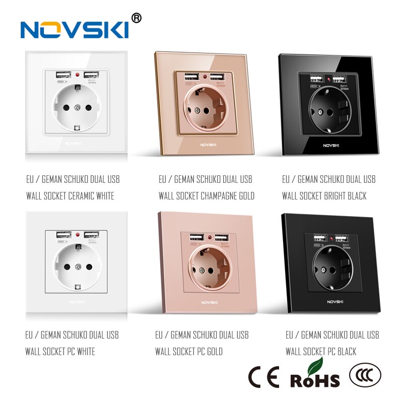 German Russian Wall Socket Grounded Dual USB 5V 2.1A Port Adapter Charging Wall Power Outlet Socket 86*86mm NOVSKI: Glass Panel Gold
