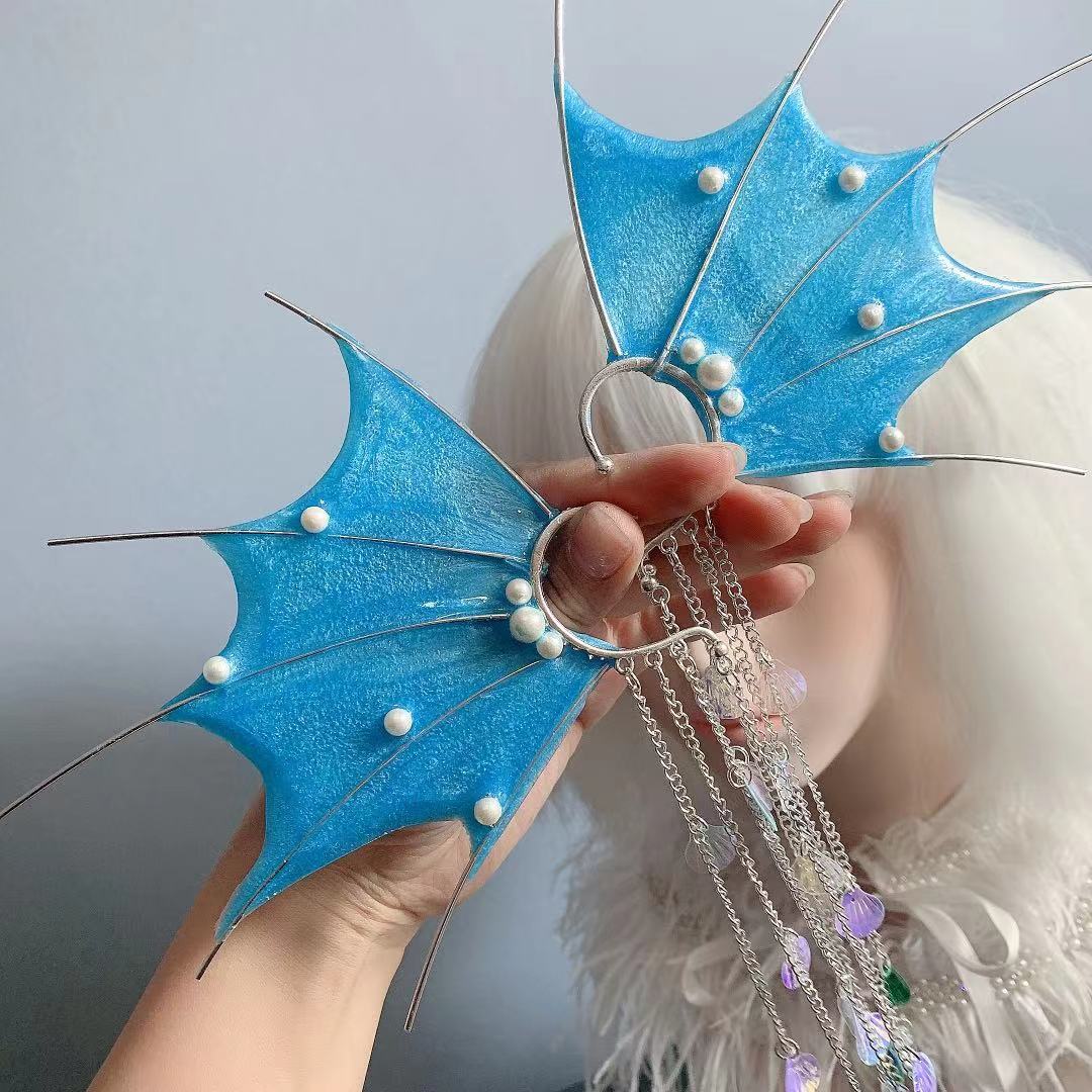 Beautiful Mermaid Elf Fairy Cosplay Ear Halloween Party Dress Up Forest Spirit Fish Cosplay Props Festival Headdress: Blue