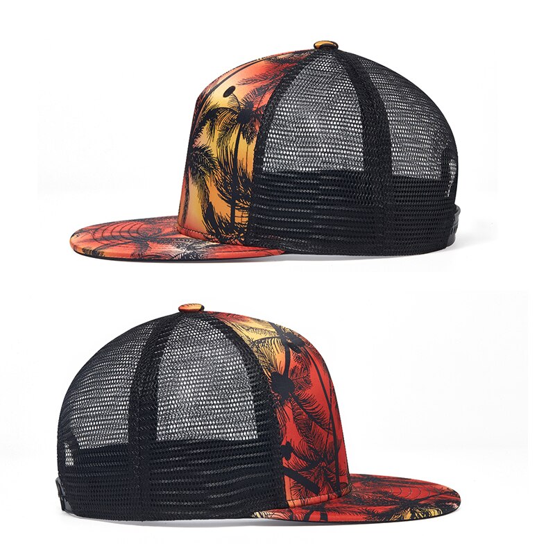 Zomer Mesh Trucker Hoed Voor Mannen Kokospalm Print Platte Rand Hip Hop Baseball Cap Vrouwen Rood snapback Zonnebrandcrème Hoed