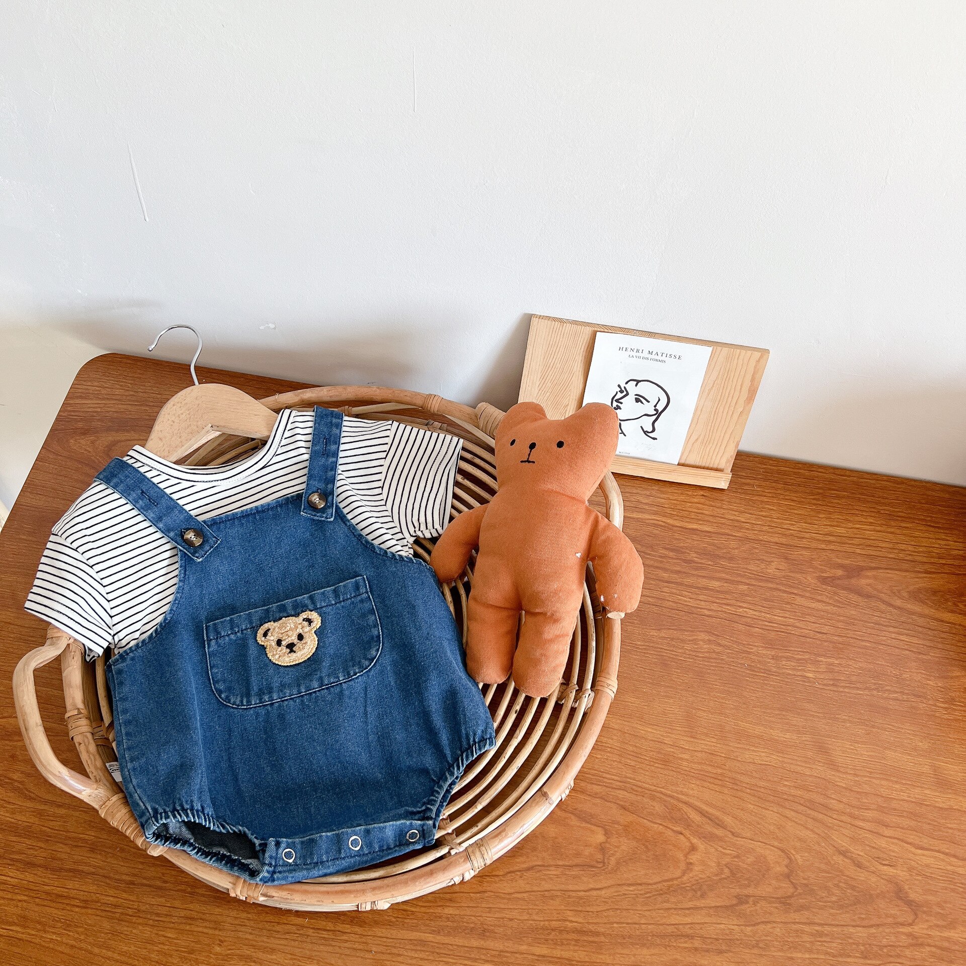1225B Babykleertjes Beer Cowboy Riem Broek Lente Zomer 2022 Koreaanse Baby Boy Gestreepte Korte Mouw T-shirt Of Riem romper