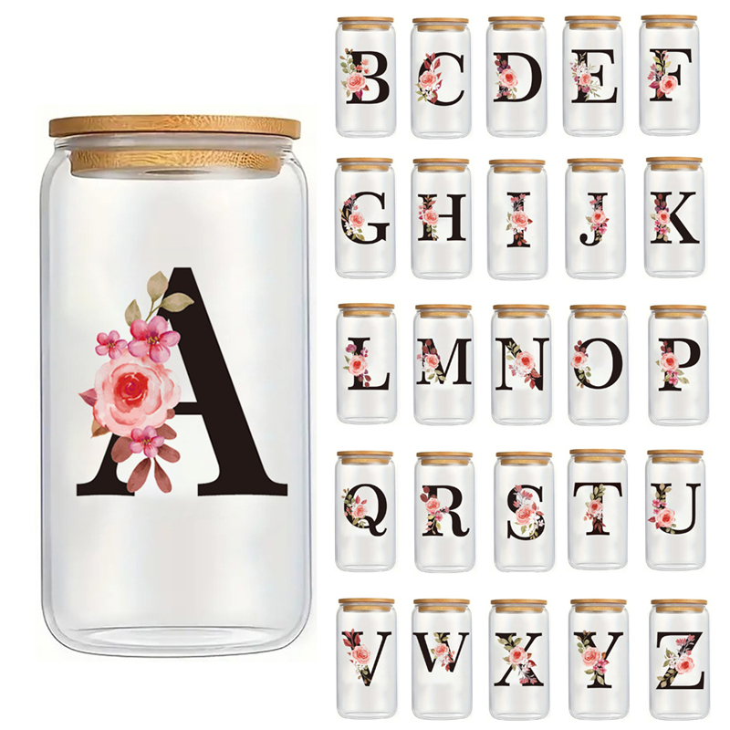 Alphabet Flowers Drinking Glass Letter A-Z Iced Coffee Water Juice Bottle Portable Clear Cup with Lid Straw Brush Birthday