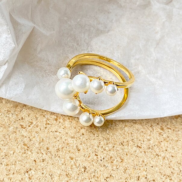 HUANZHI Vintage Old Metal Inlaid Pearl Geometric Irregular Modeling Adjustable Opening Ring for Women Party Jewelry: D