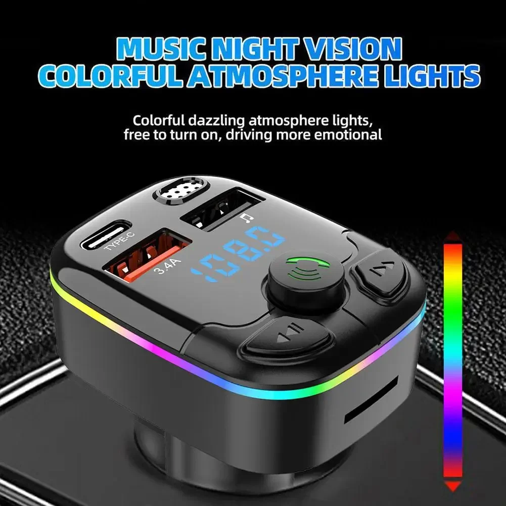 Auto Bluetooth 5.0 FM Absender 12/24V Freisprecheinrichtung Dual USB Umgebungslicht TF Karte MP3 Spieler Typ-C PD20W QC3.0 3,4A Schnellladegerät