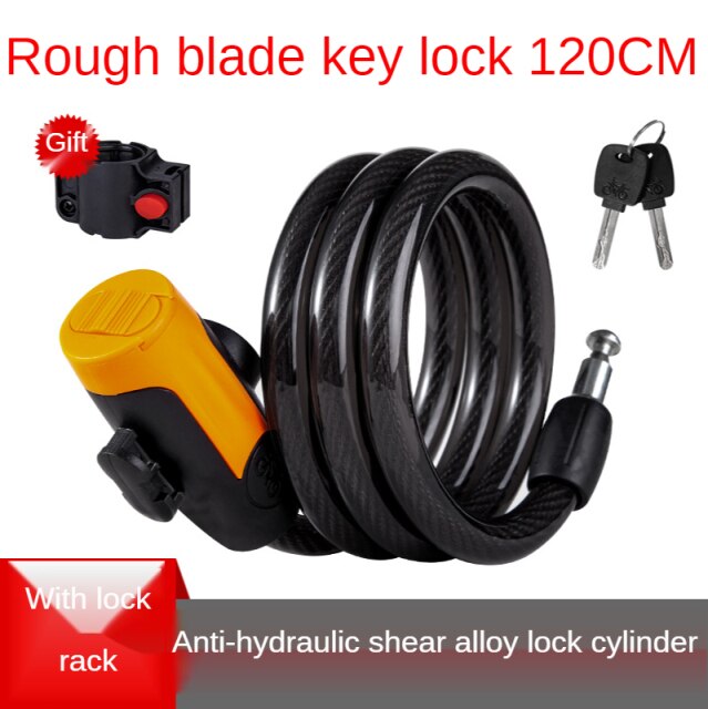 Mountain Bike Bicycle Lock Electric Stainless Steel Password Fixed Portable Anti-Theft Steel Wire Chain Lock: Rough blade key lock 120cm with lock rack  black