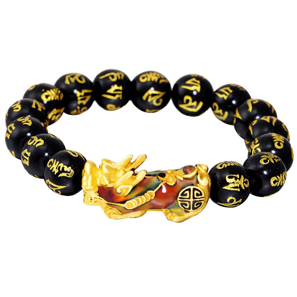 Newly Feng Shui Green/Black Obsidian Alloy Wealth Golden Pixiu Bracelet Lucky Jewelry DOD886: Black