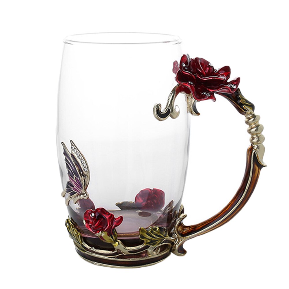 Zuinig Emaille Koffie Thee Cup Mok 3D Rose Vlinder Glas Cups Huwelijkscadeau ds99: Red Long Without spo