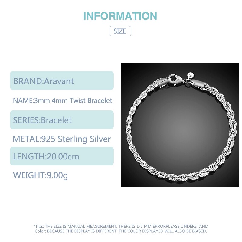 925 Silver 3MM 4MM Twisted Rope Bracelets For Women Link Chain Bracelet Silver Jewelry