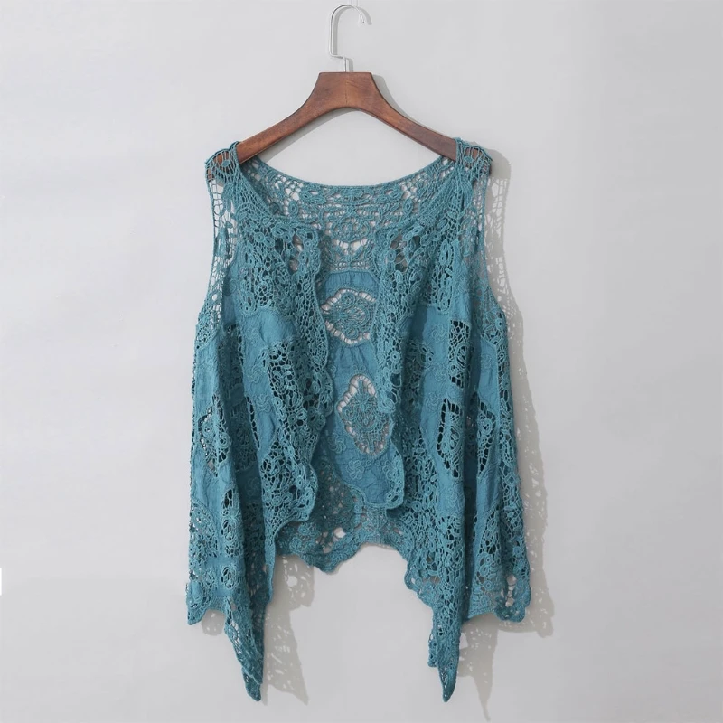 Mulheres sem mangas frente aberta cardigan boho oco crochê renda drape assimétrico bainha hippie xale colete de cor sólida: Azul marinho