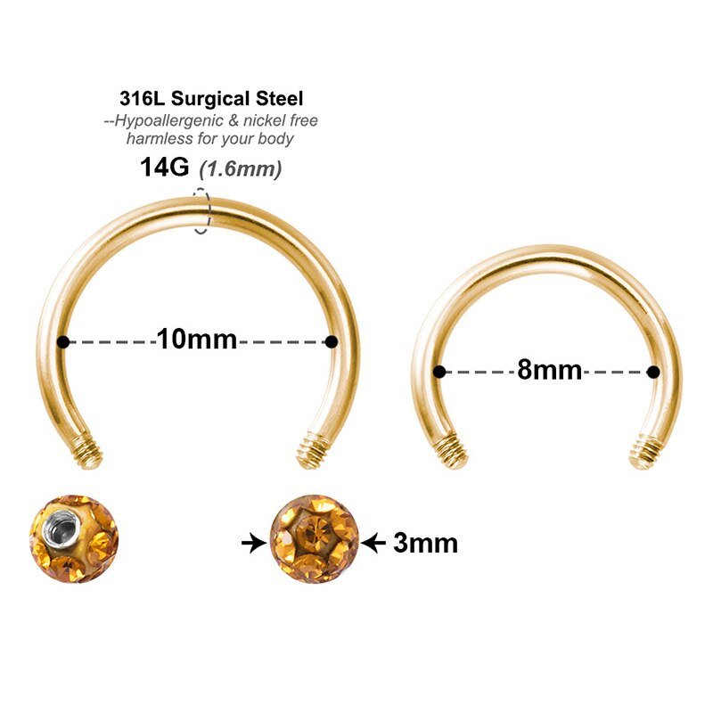 Anillo para el tabique de la nariz, joyería para Piercing de herradura, 16G, pendientes Tragus de hélice para cartílago, Aro para Piercing de labio, retenedor de 8mm, 1 unidad