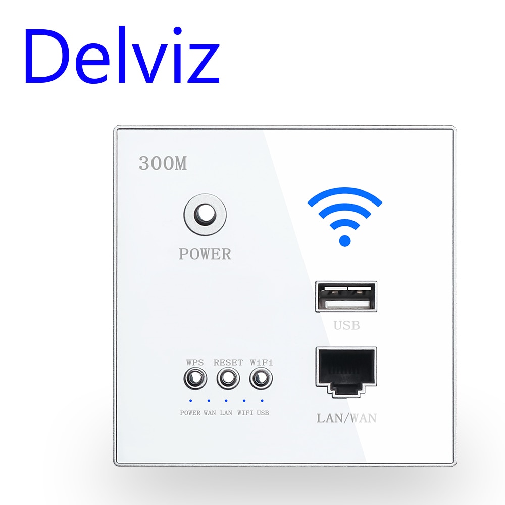 Delviz enchufe WiFi inalámbrico Rj45, AP Relay Smart usb Socket, panel de cristal, 220V de potencia, enrutador integrado de 300Mbps WIFI pared: White