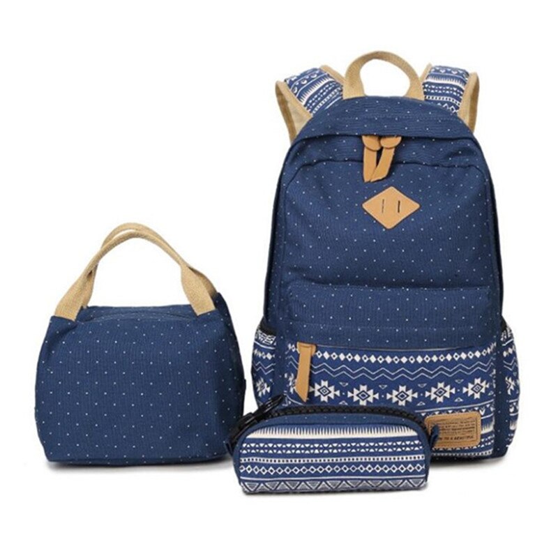 Fengdong 3pcs/set kids vintage school backpack bag set school bags for teenage girls polka dot backpacks for children bookbag: 8003-3 Blue