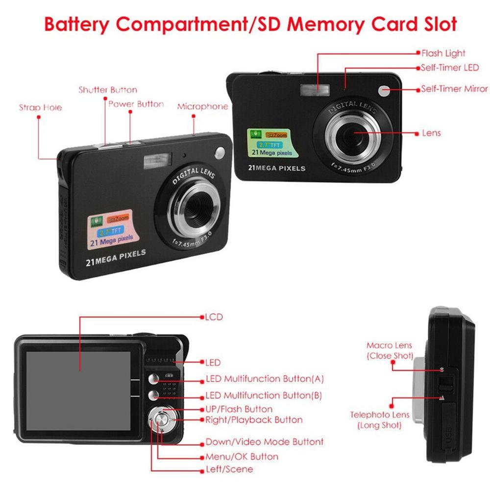 Digital Camera 2.7HD Screen Digital Camera 21MP Anti-Shake Face Detection Camcorder Black white