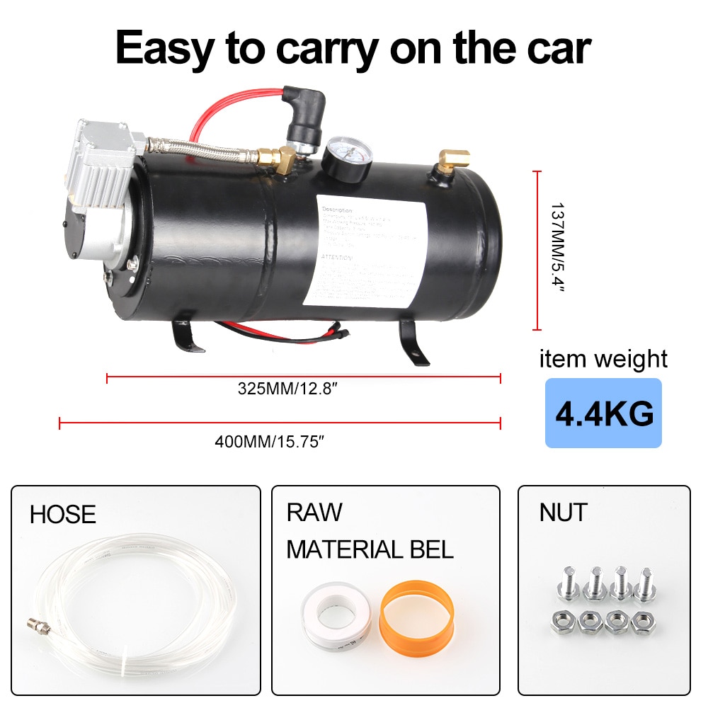 12v Air Compressor with 3 Liter Tank Inflator Pump for Air Horn Train Truck Car RV Pickup 125 PSI OT200