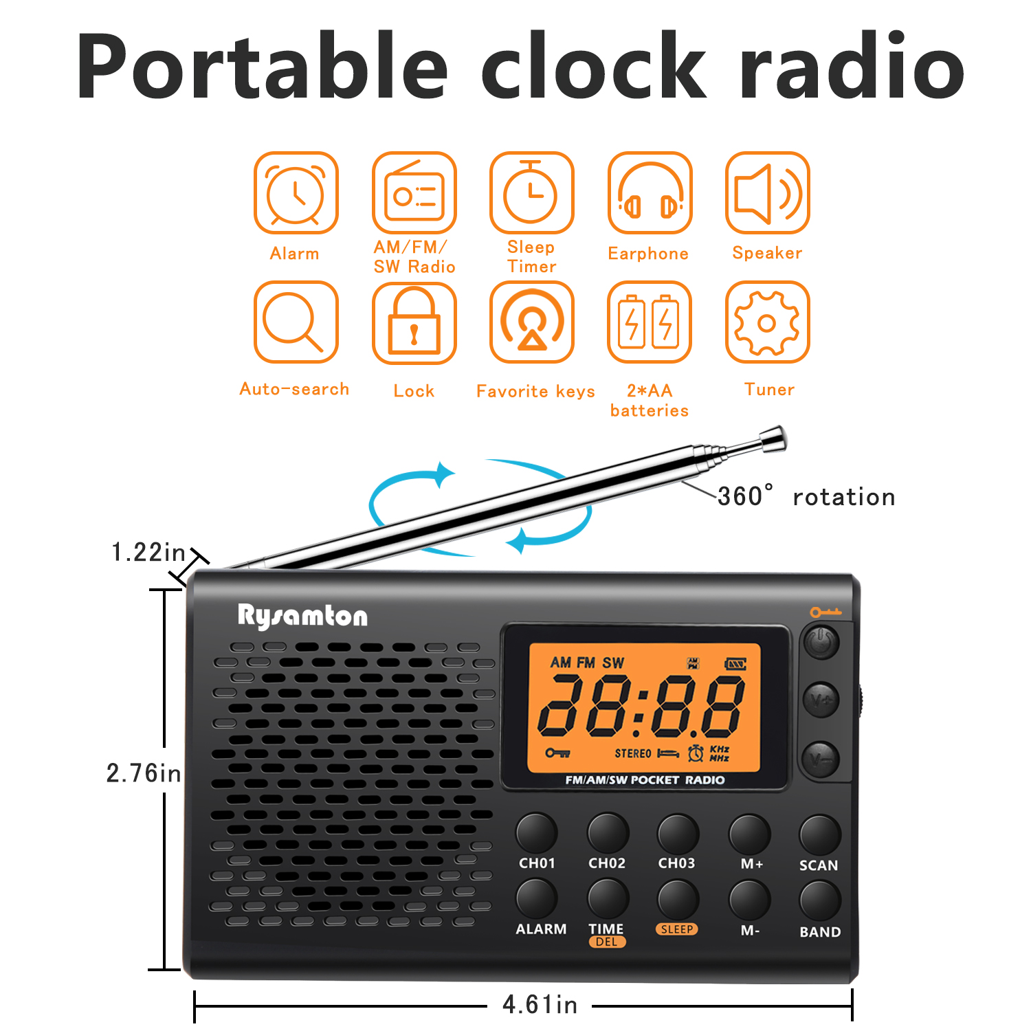 Rysamton Przenośne radio krótkofalowe AM/FM Duży wyświetlacz cyfrowy z funkcją wyłącznika czasowego i budzika, radia na baterie