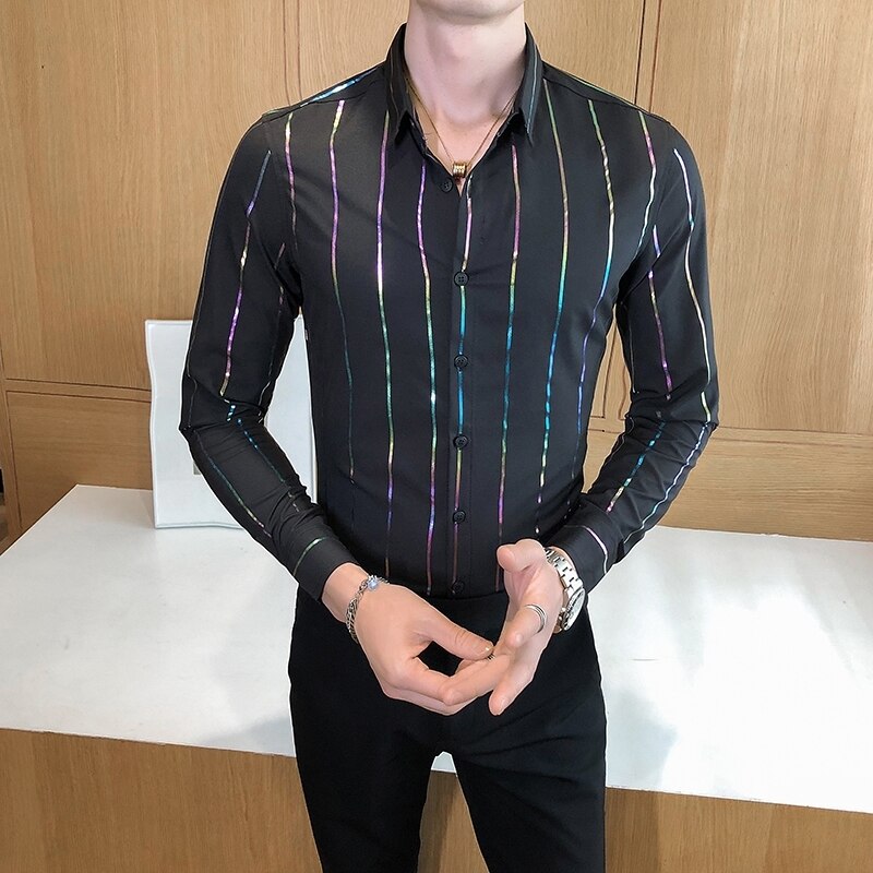 Sorte fargerike stripete skjorter for menn høst vinter lange ermer menn formelle skjorter slim fit business kontorskjorter