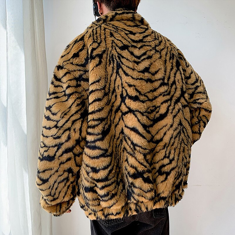 Chaquetas de Parkas gruesas con rayas de leopardo para hombre, abrigo de invierno de piel sintética para hombre, Bolsillos de solapa con cremallera, ropa de abrigo