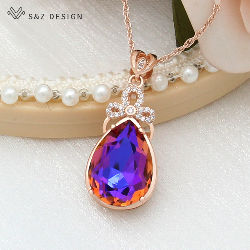 S & Z uco-Collier pendentif goutte d'eau en cristal coloré pour femme, or rose 585, bijoux de mariage,: PLAQUÉ ARGENT