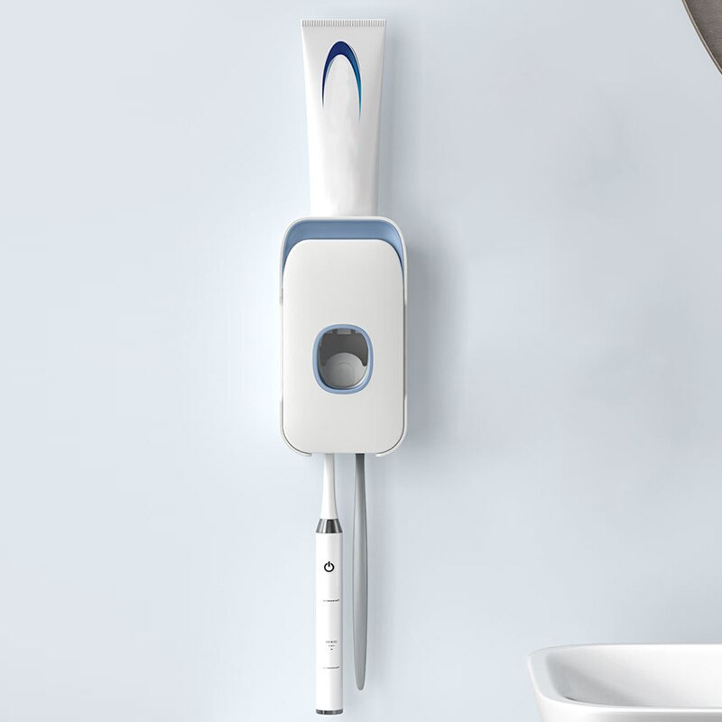 2- i -1 automatisk tandpasta dispenser tandbørsteholder suge vægmonteret håndfri tandpasta squeezer: Blå