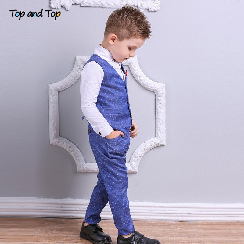 Top and Top Boy Clothes Set Boys Formal Suits Cotton Bow Tie Long Sleeve Shirt+Vest+Trousers 3Pcs Kids Gentleman Outfit