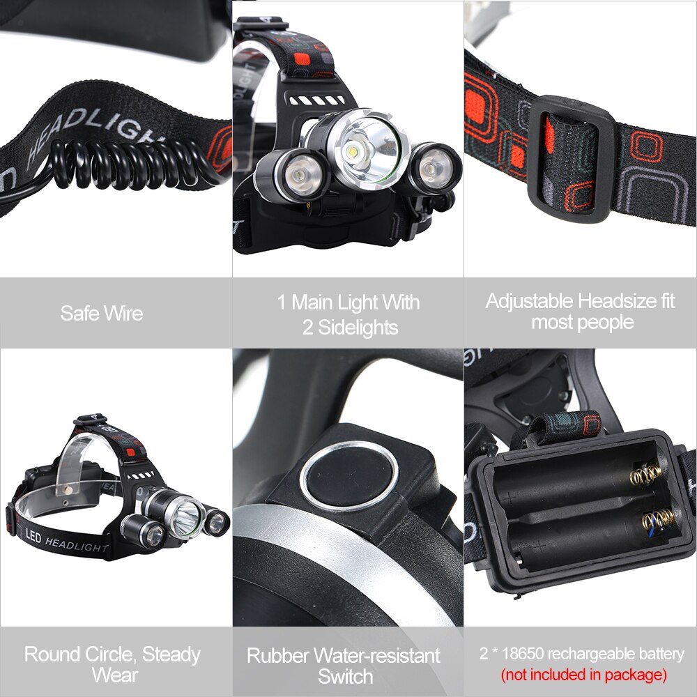 Rechargeable LED Headlamp Flashlight Waterproof 3-heads Headlight Ultra Bright Head Lamp Fishing Camping Flashlight Forehead