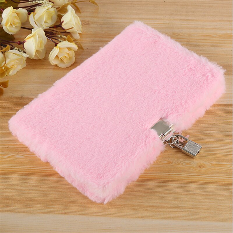 Notepad With Lock Beauriful Student Plush Notebook Cute School Office Soft Diary Girl School 6 Color: Pink