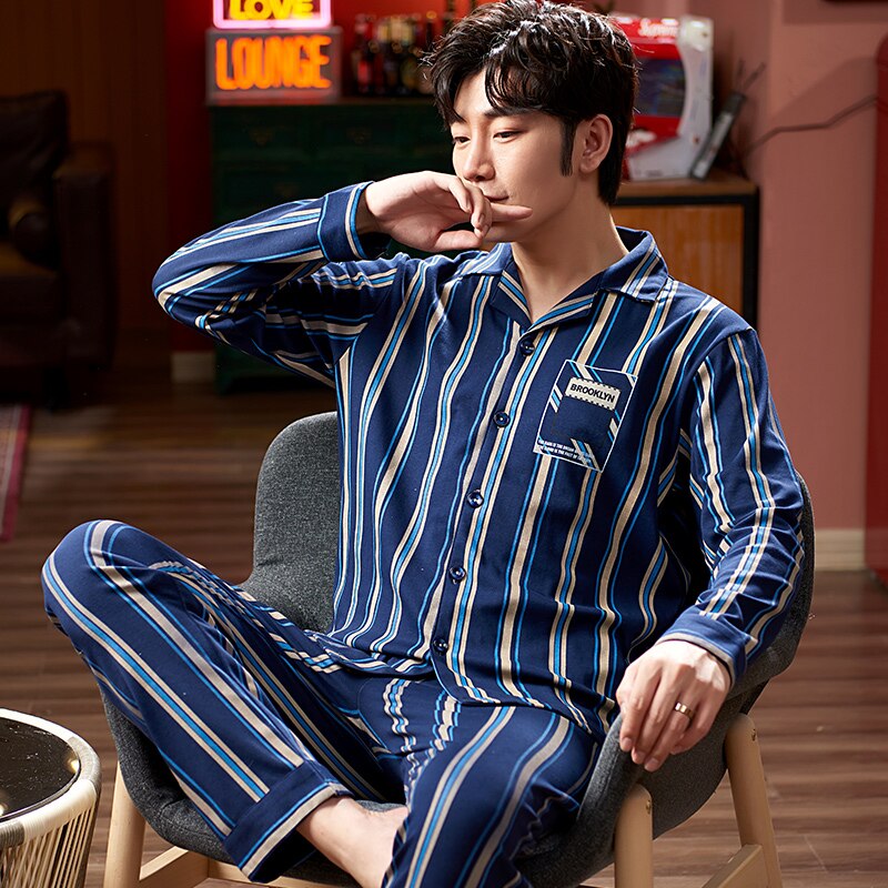 Pyjama pour homme, ensemble Simple, manches longues, en coton, haut et pantalon, vêtements de loisirs pour la maison, printemps