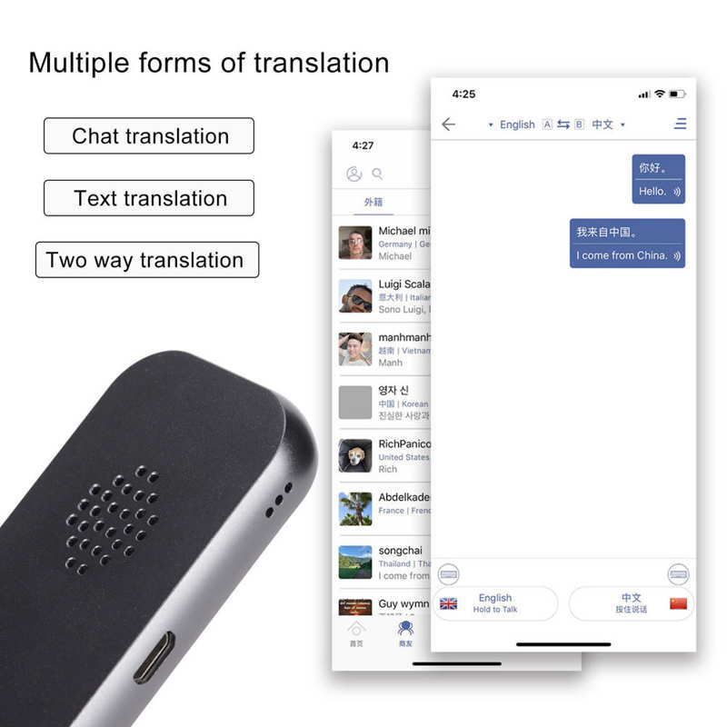 Traduttore intelligente Bluetooth 4.2 in tempo reale 70 lingue dispositivo di traduzione fotografica vocale a 2 vie per viaggi d&#39;affari