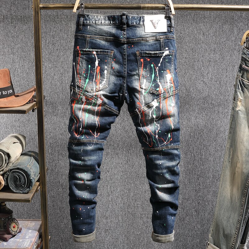 Streetwear mænd jeans maling revet jeans mænd elastisk splejset denim biker bukser hip hop slanke jeans