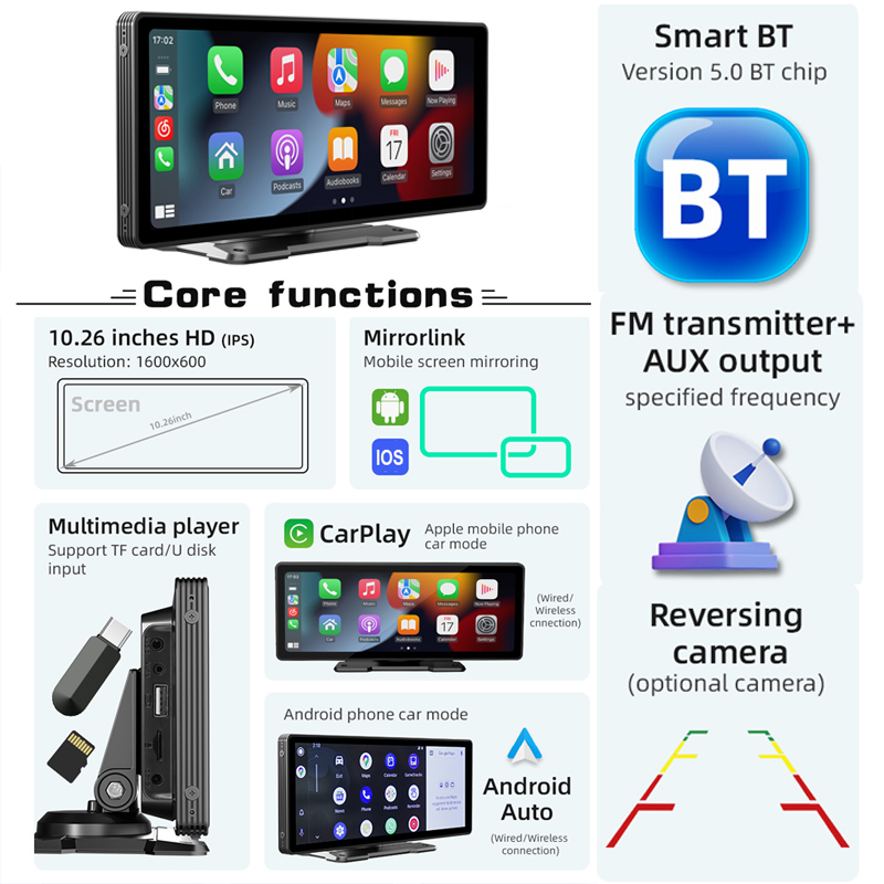 10.26- inch multimediaspeler met scherm, wifi, video, carplay, android auto, mirrorlink, parkeerhulp en achteruitrijcamera voor ios- en android-telefoons