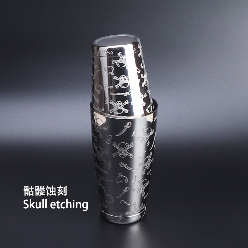 Cocktail Shaker Boston Shaker: 2-piece Set: 18.6oz weighted & 25oz Weighted Bartender Bar Tool: Skull Etching