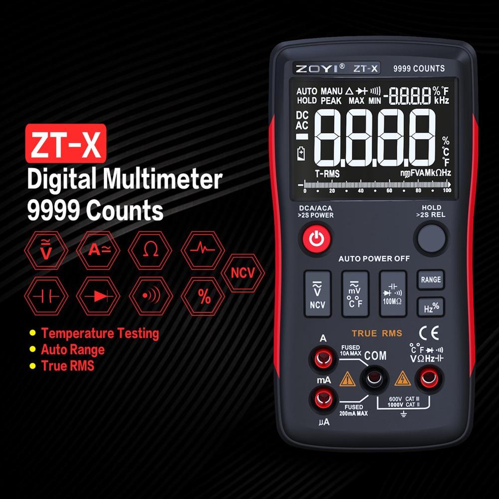 Zt-x digitalt multimeter automatisk rækkevidde sand rms ac/dc volt amp ohm kapacitans duty cycle ncv diode temperatur tester 9999 tæller