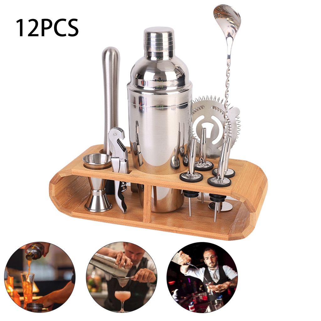 8PC/12PCS Cocktail Shaker Bartender Kit Stainless Steel Wine Drinking Mixer Bartending Tool with Wooden Stand for Home Bar Party