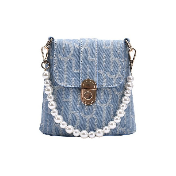 nueva perla de lujo de las mujeres con cadena de cuentas cubo vaquero bolso de hombro tipo bandolera femenina Mini bolso de: sky blue