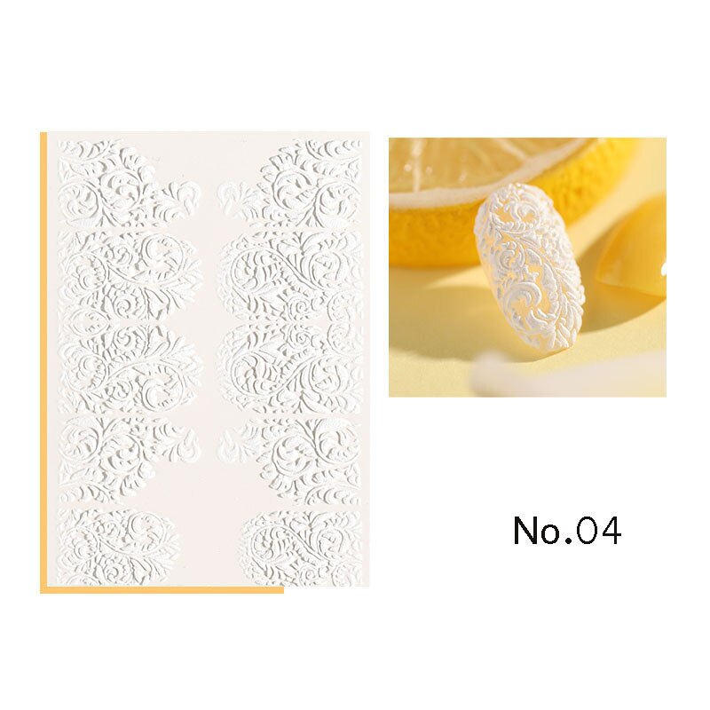 1pc 3d acryl gegraveerde bloemen nagel sticker reliëf wit zwart kant bloem water decals empaistic nagel water slide decalsz 0108: 4