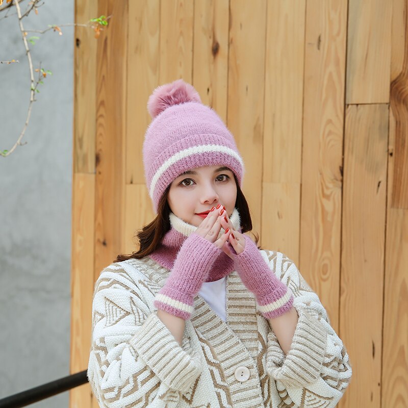 Ensemble de 3 pièces écharpe, chapeau, gants, ensemble chaud d'hiver, bonnet, écharpes, accessoires d'hiver pour femmes: Rose