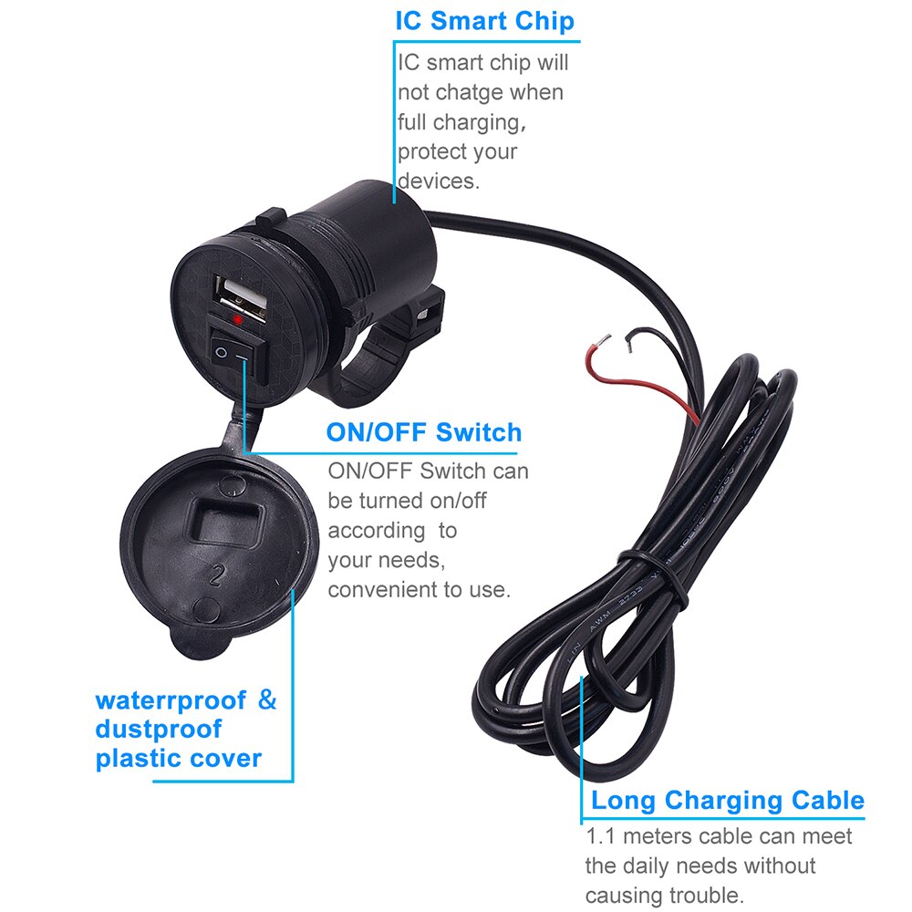 12V/ 24V USB Motorcycle Waterproof Switch Motorcycle Socket Motorbike Phone Charger Cigarette Lighter Adapter