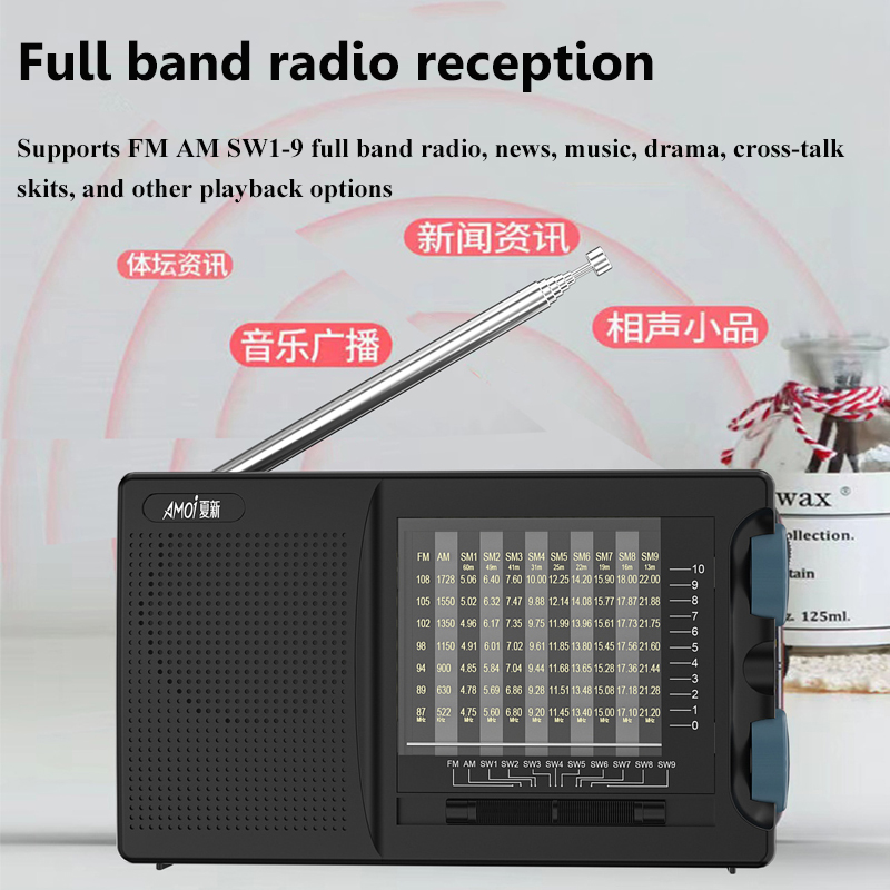 Rádio portátil FM AM SW, Rádios de alta sensibilidade, Receptor Alto-falante embutido, Antena giratória de 360 graus, fone de ouvido