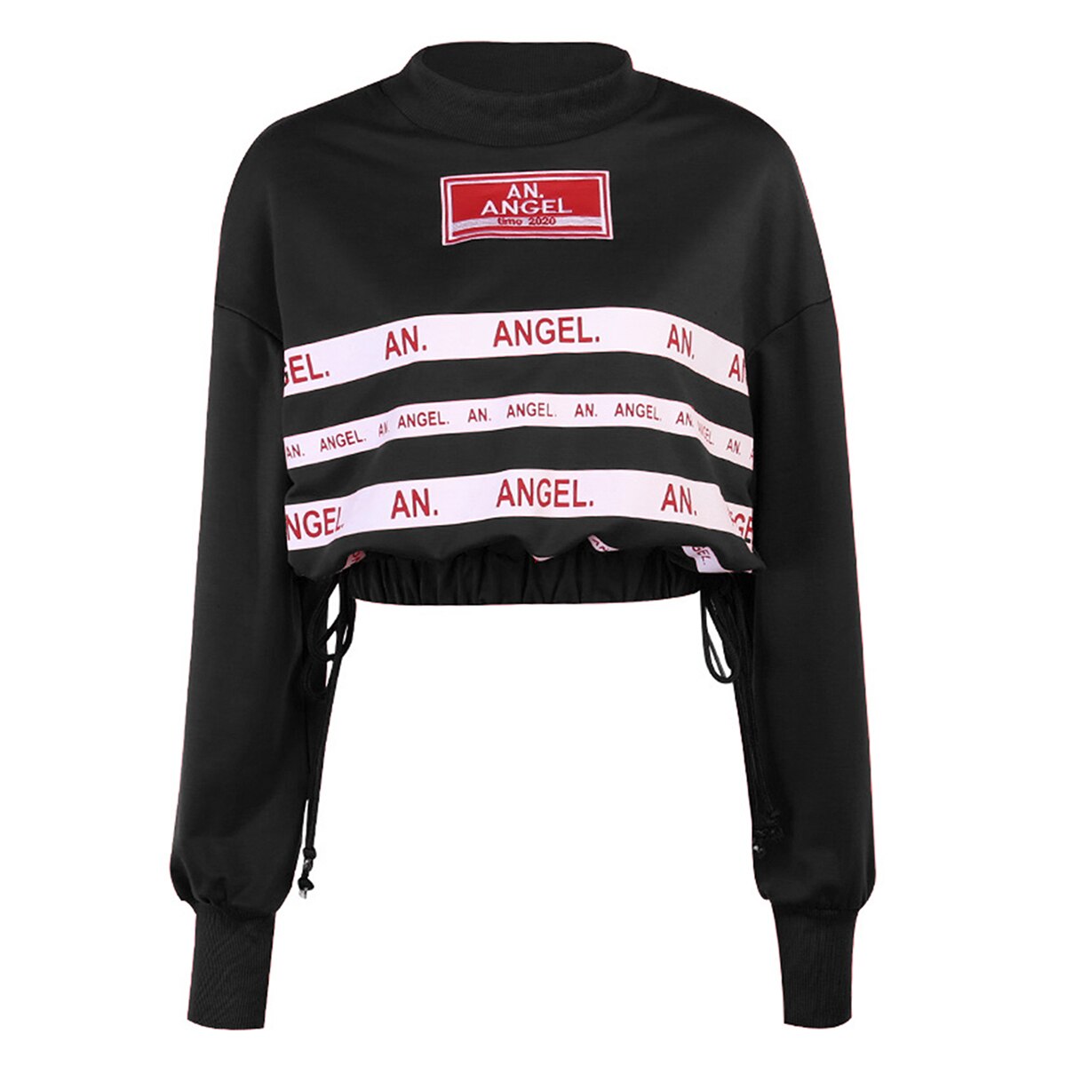 Vrouwen Acute; S Toevallige Sweater, Lange Mouwen Koord Zoom Brief Print Crop Top Trui: Black / S