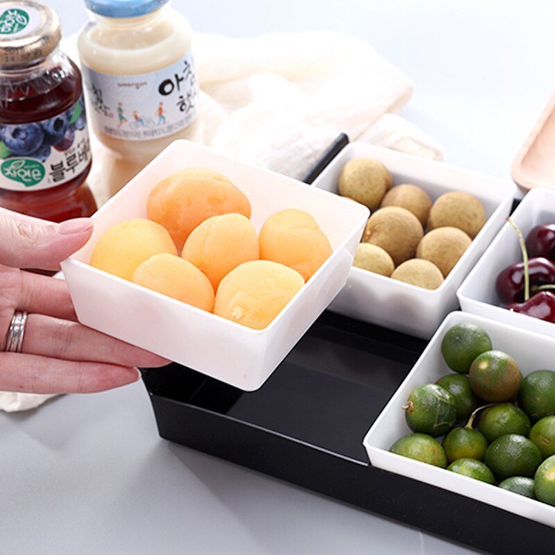 Efterrätt tallrik bricka plast torr frukt snack godis låda nötter melon förvaringslåda te mat maträtt kök arrangör