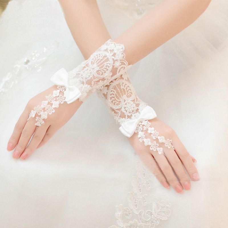 Guantes de boda cortos de encaje Floral bordado, lazo de satén con cuentas, para novia