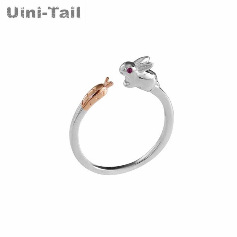 Uini-tail-Anillo de plata de primera ley con forma de conejo para mujer, sortija, plata esterlina , zanahoria, , pequeño, abierto, 925