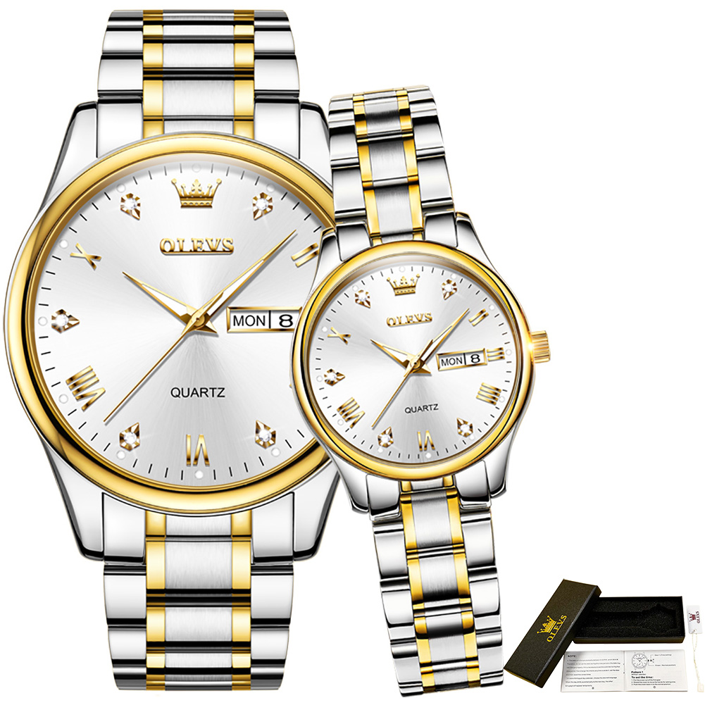 Olevs Waterdichte Gouden Diamanten Ingelegde Grote Horloge Voor Paar Quartz Roestvrij Stalen Band Paar Horloge: NO.1