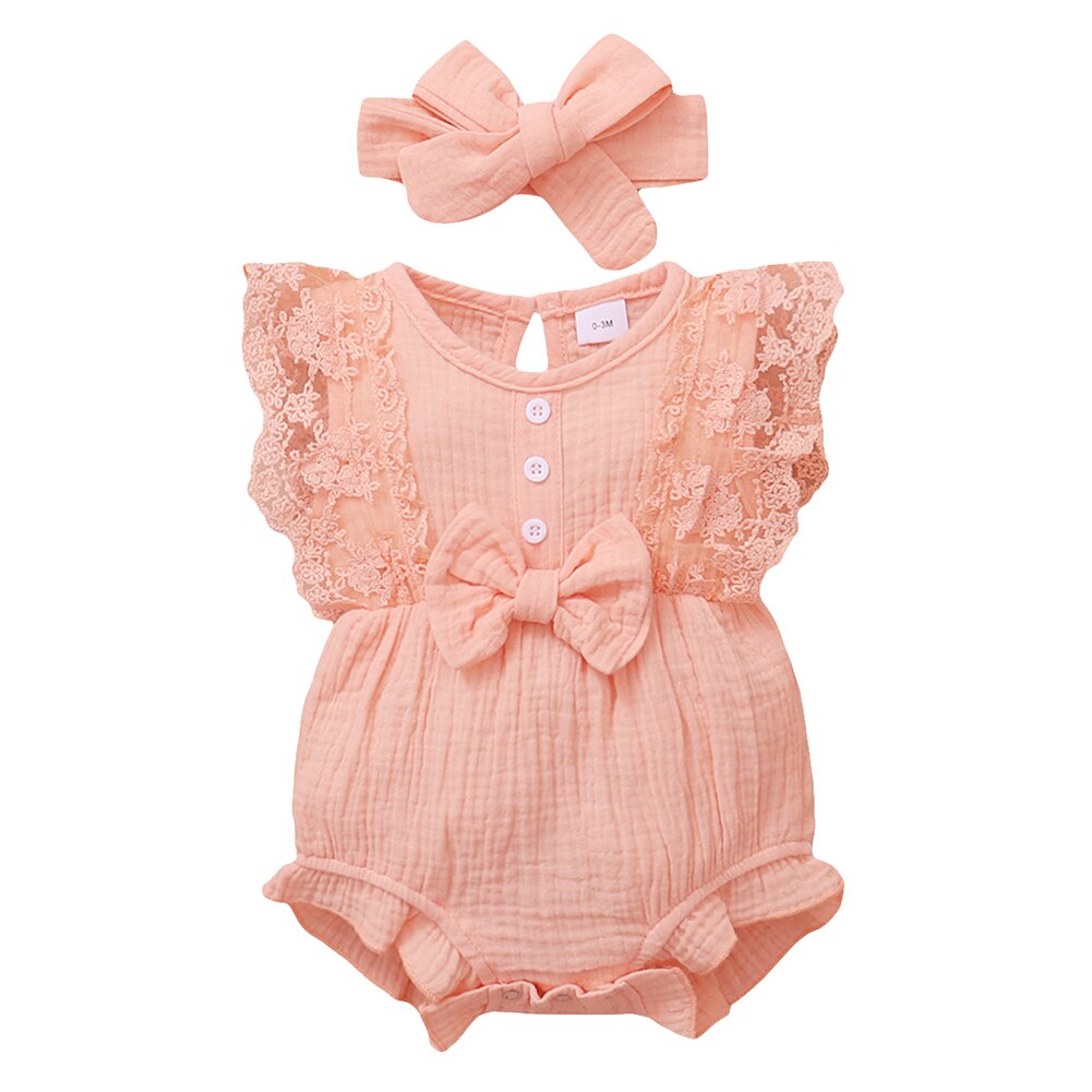 Baywell – body à volants en dentelle pour bébés filles, joli nœud papillon + bandeau en coton et lin, combinaisons sans manches pour nourrissons, vêtements doux pour tout-petits: P / 12-18 Months