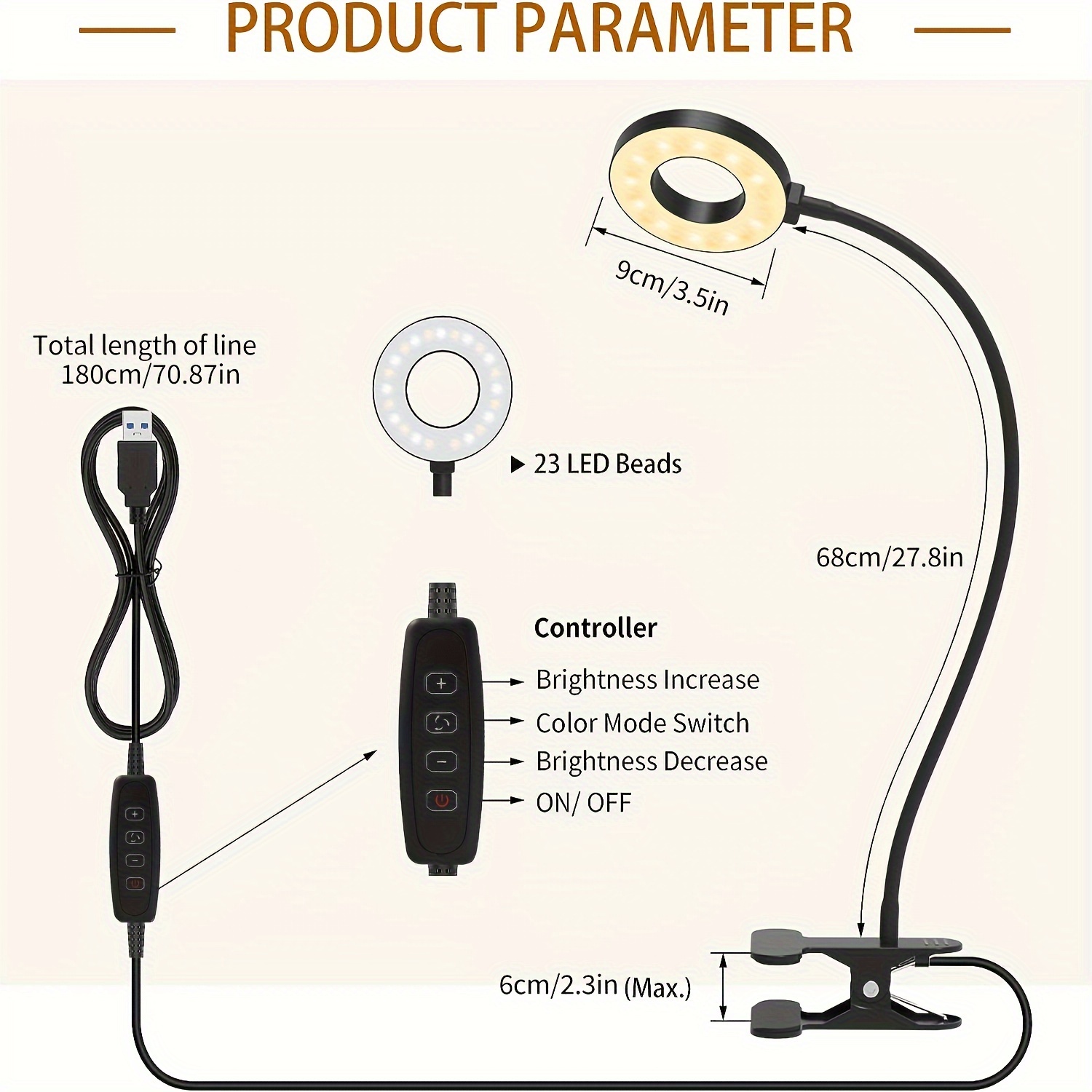 Flexibele zwanenhals ronde boeklamp Nachtlampje Boeklicht LED-leeslamp met klem 3 kleuren 23 led-kralen: Black