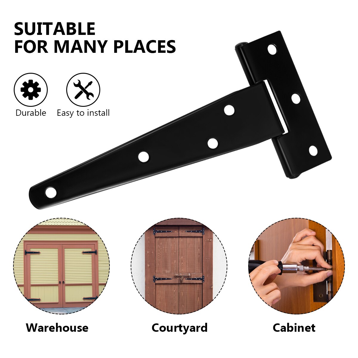 6pcs 5 Inch T Shape Rustproof Iron Light Duty Shed Hinge Gate Strap Hinge Door Gates Hinges (Black)