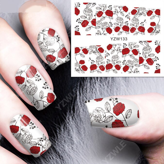 1 pieza de calcomanías para uñas, pegatinas de transferencia de agua, flores románticas, rosas, marcas de agua, deslizador, decoración de uñas, manicura: YZW133