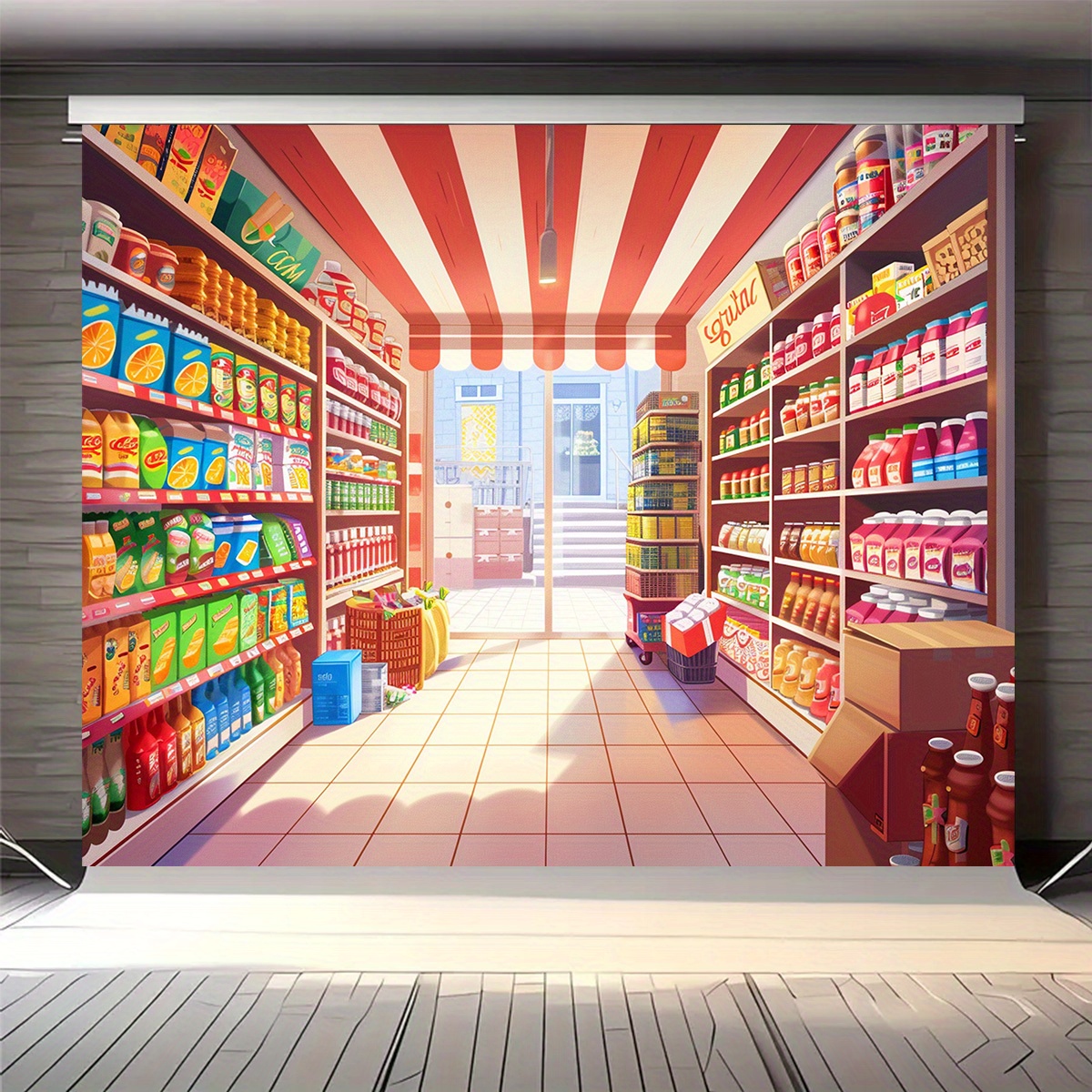 En levende tegneserie-supermarkedbannerbaggrund - en farverig købmandsscene, en rekvisit fra et fotostudie: S