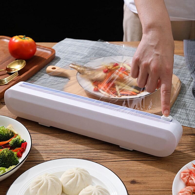 Reusable Plastic Wrap Dispenser Food Cling Film Box with Cutter Preservative Film Cutting Kitchen Storage Organizer Tool